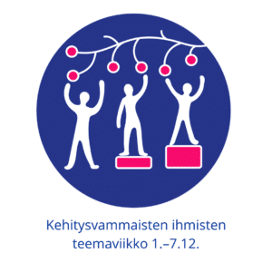 Teemaviikon logo. Sinisen ympyrän sisällä on kolme valkoista piirrettyä ihmishahmoa, jotka kurottelevat omenoita puusta. Kaksi ihmistä seisoo jakkaran päällä, jotta he ylettyvät omenoihin. Ympyrän alla lukee teksti "Kehitysvammaisten ihmisten teemaviikko 1.-7.12."