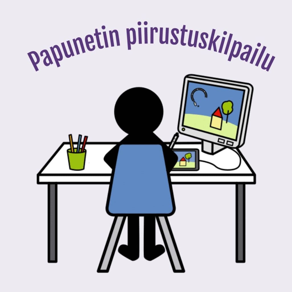 Piirroskuvassa on henkilö istumassa pöydän ääressä piirtämässä. Kuvan yläpuolella lukee "Papunetin piirustuskilpailu".